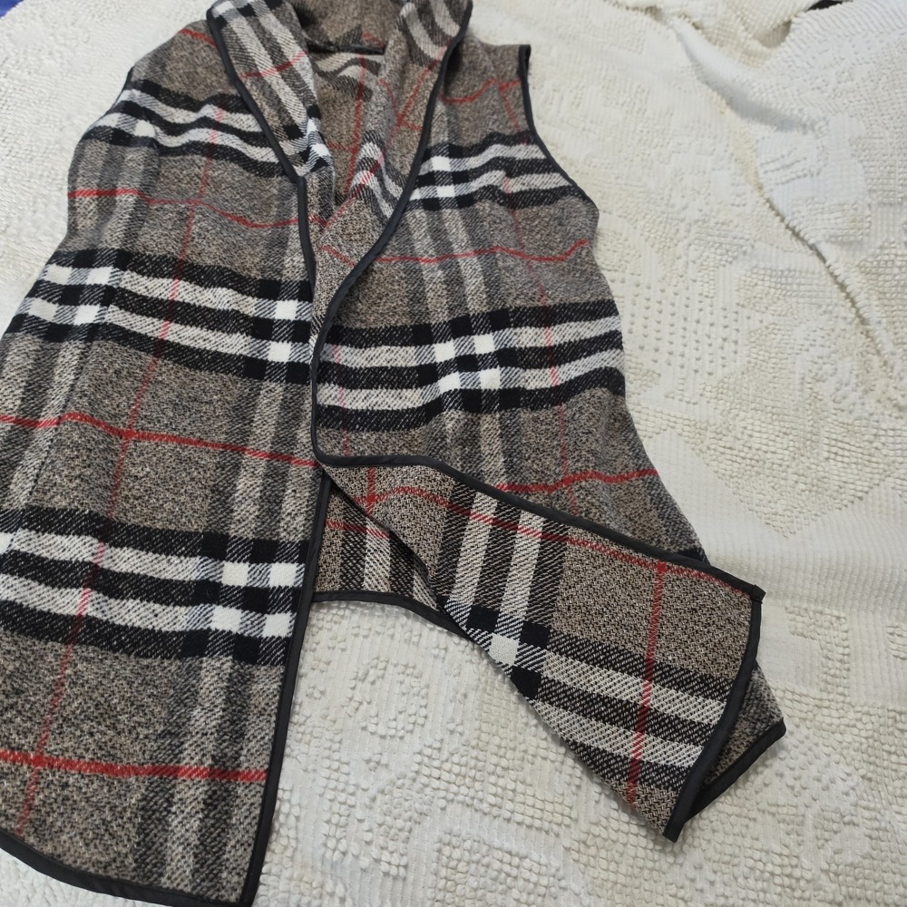 Uno Core Tan, Red, Black Plaid Waterfall Collar Belted Vest Size L Long Front